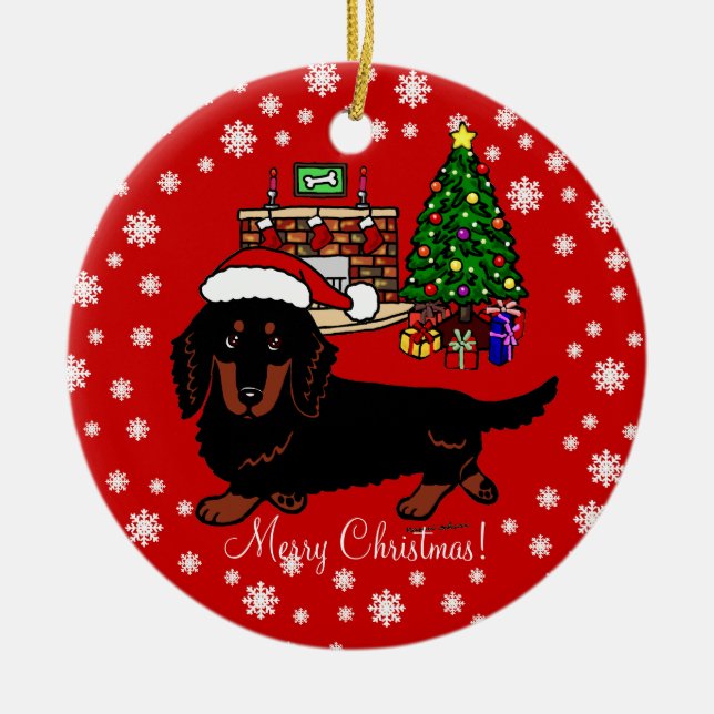 Dachshund Long Haired Black and Tan Ceramic Ornament (Front)