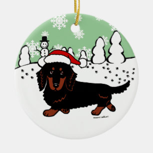Dachshund Long Haired Black and Tan Ceramic Tree Decoration