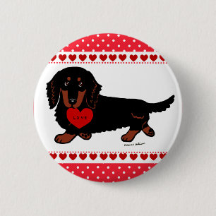 Dachshund Long Haired Black and Tan Heart 6 Cm Round Badge