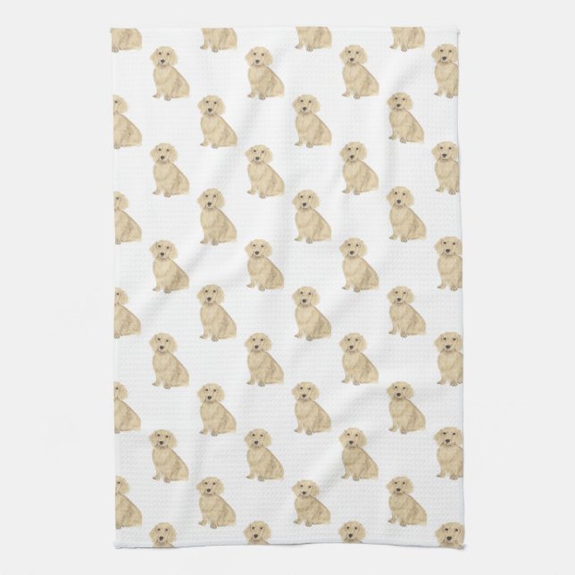Dachshund (Long Haired, Cream Fawn Tan) Tea Towel (Vertical)