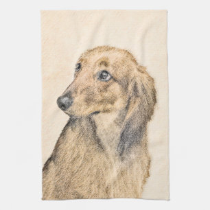 Dachshund (Longhaired) 2 Painting Original Dog Art Tea Towel