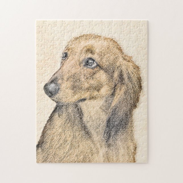 Dachshund (Longhaired) Painting - Original Dog Art Jigsaw Puzzle (Vertical)
