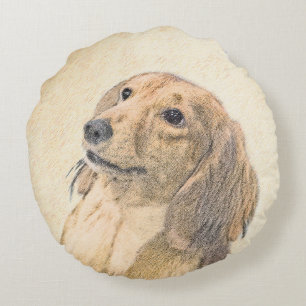 Dachshund (Longhaired) Painting - Original Dog Art Round Cushion