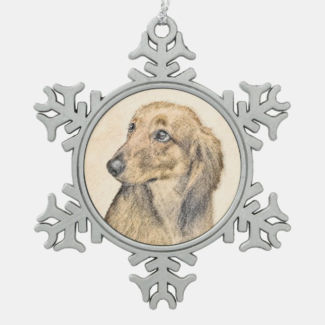 Dachshund (Longhaired) Painting - Original Dog Art Snowflake Pewter Christmas Ornament (Front)