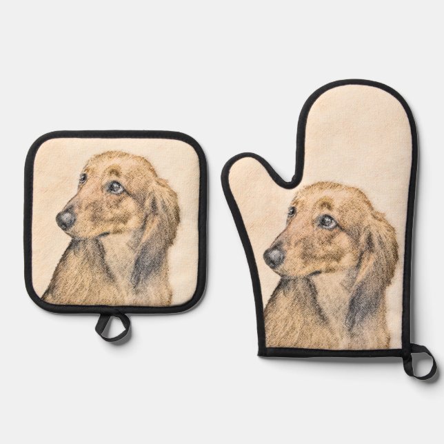 Dachshund Longhaired Red Painting Original Dog Art Oven Mitt & Pot Holder Set (Front)