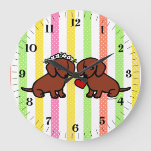 Dachshund Love Couple Cartoon Large Clock