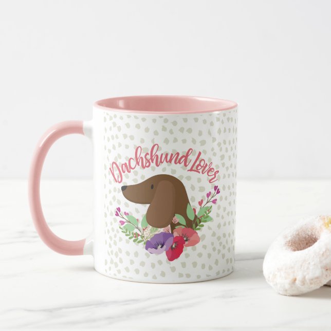 Dachshund Lover Doxie Floral Cute Illustration Mug (With Donut)