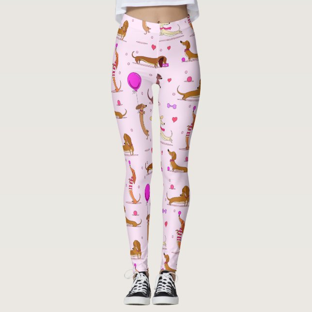 Dachshund Lovers! Doxies & Hearts on Pink Leggings (Front)