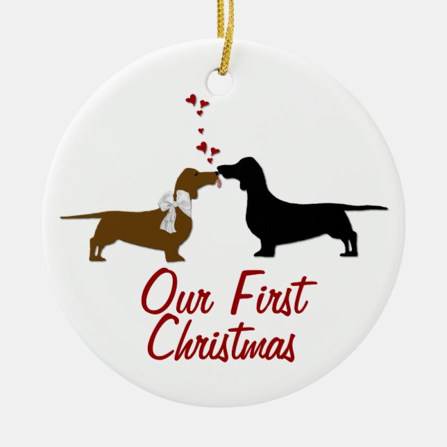 Dachshund Lovers First Christmas Custom Ceramic Tree Decoration (Front)