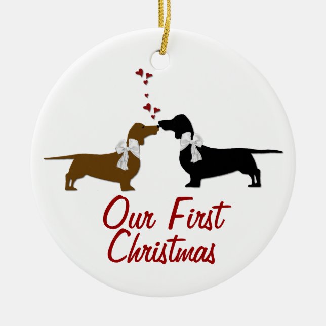 Dachshund Lovers First Christmas Custom Ceramic Tree Decoration (Front)