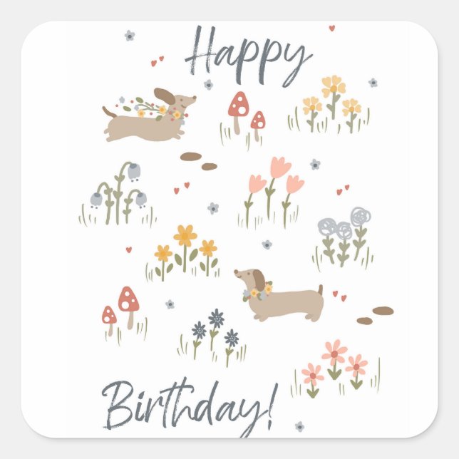 Dachshund Lovers Happy Birthday Floral Party Square Sticker (Front)