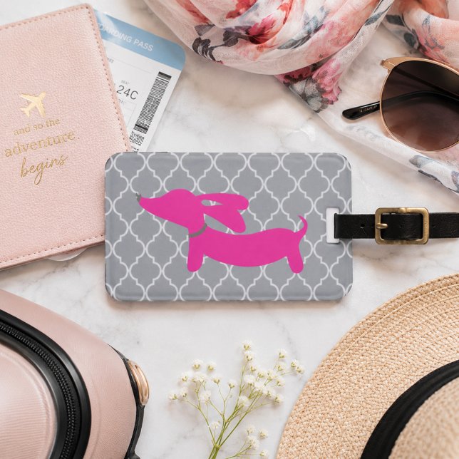 Dachshund Luggage Bag Tag Pink & Grey (Wiener dog luggage tag pink and gray)