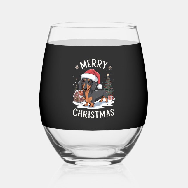 Dachshund Merry Christmas Classic T-Shirt Stemless Wine Glass (Front)