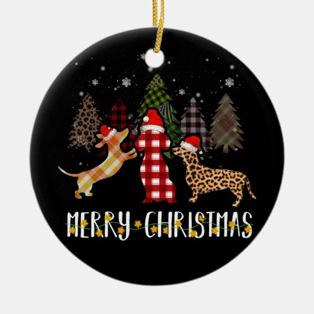 Dachshund Merry Christmas Cute Plaid Leopard Doxie Ceramic Ornament (Front)