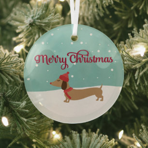 Dachshund Merry Christmas Tree Ornament Snowy