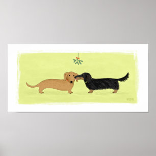 Dachshund Mistletoe Kiss - Wiener Dog Christmas Poster