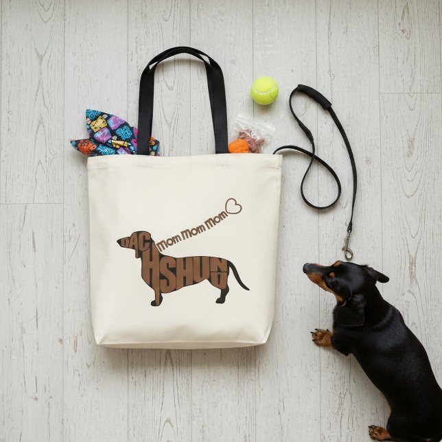 Dachshund Mum - Black and Tan Doxie - Heart Leash Tote Bag (Original Dachshund Word Art tote for your favorite Doxie mom.)