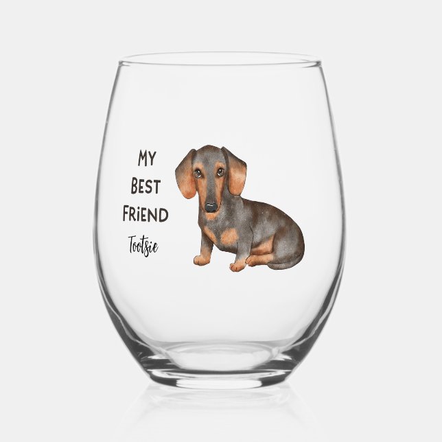Dachshund My Best Friend Custom Name  Stemless Wine Glass (Back)
