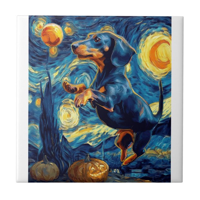 Dachshund of van gogh starry night halloween Funny Ceramic Tile (Front)