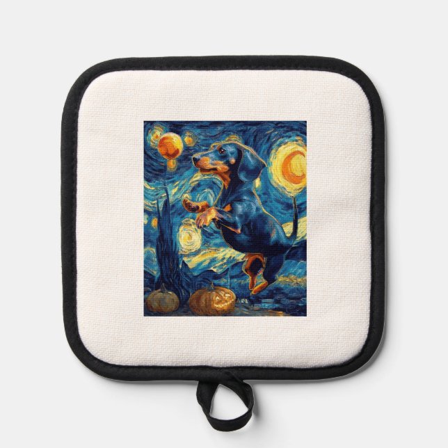 Dachshund of van gogh starry night halloween Funny Pot Holder (Front)