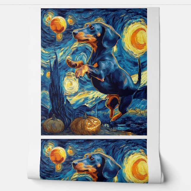 Dachshund of van gogh starry night halloween Funny Wallpaper (Unrolling)