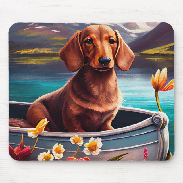 Dachshund on a Paddle: A Scenic Adventure Mouse Pad (Front)