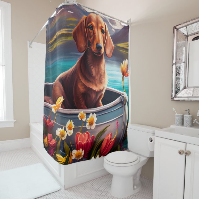 Dachshund on a Paddle: A Scenic Adventure Shower Curtain (In Situ)