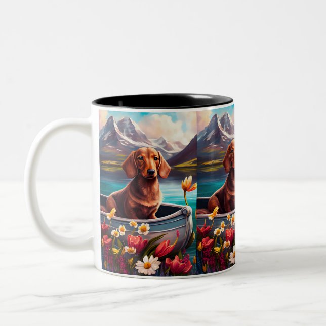 Dachshund on a Paddle: A Scenic Adventure Two-Tone Coffee Mug (Left)