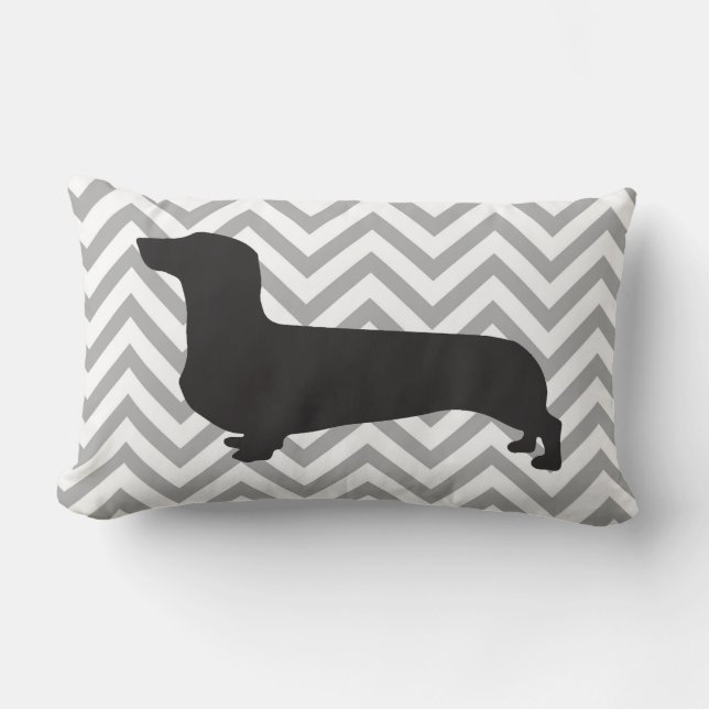 Dachshund on grey and white chevron -pillow lumbar cushion (Front)