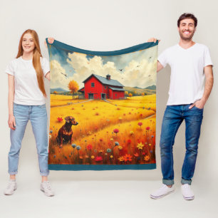 Dachshund on the farm in Autumn Fleece Blanket