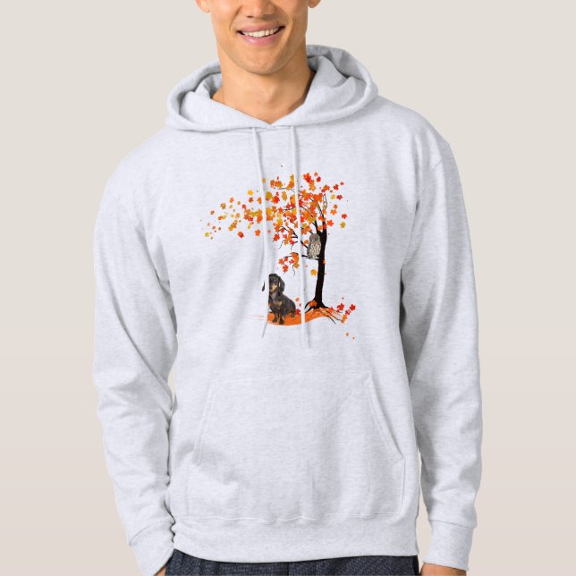 Dachshund Owl And Fall Tree Dachshund Lover Autumn Hoodie (Front)