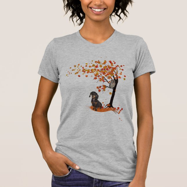 Dachshund Owl And Fall Tree Dachshund Lover Autumn T-Shirt (Front)
