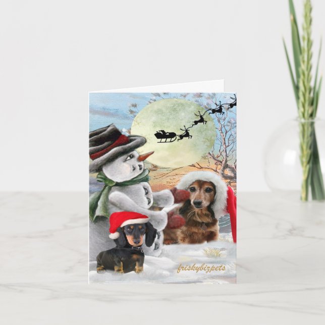 Dachshund Pals Posed with Snowman Cards (Front)