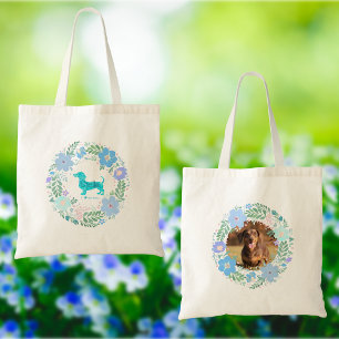 Dachshund Pastel Blue Flower Wreath - Personalised Tote Bag