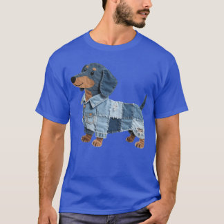 Dachshund Pattern Denim Patchwork Art Funny Dachsh T-Shirt