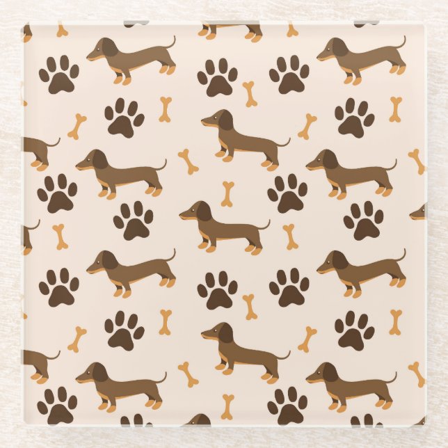 Dachshund Pattern: Vintage Print Design Glass Coaster (Front)