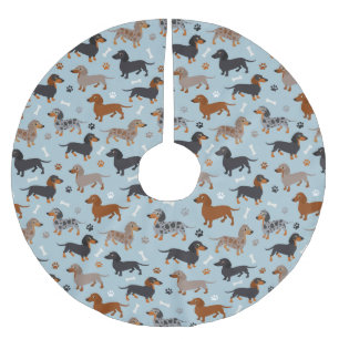 Dachshund Paws and Bones Pattern Blue Brushed Polyester Tree Skirt