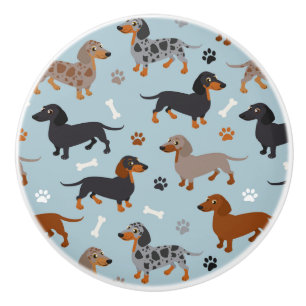 Dachshund Paws and Bones Pattern Blue Ceramic Knob