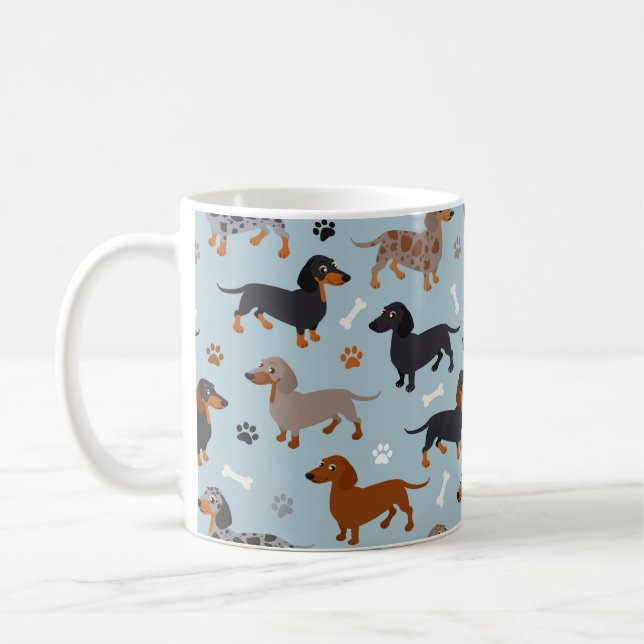 Dachshund Paws and Bones Pattern Blue Coffee Mug (Left)