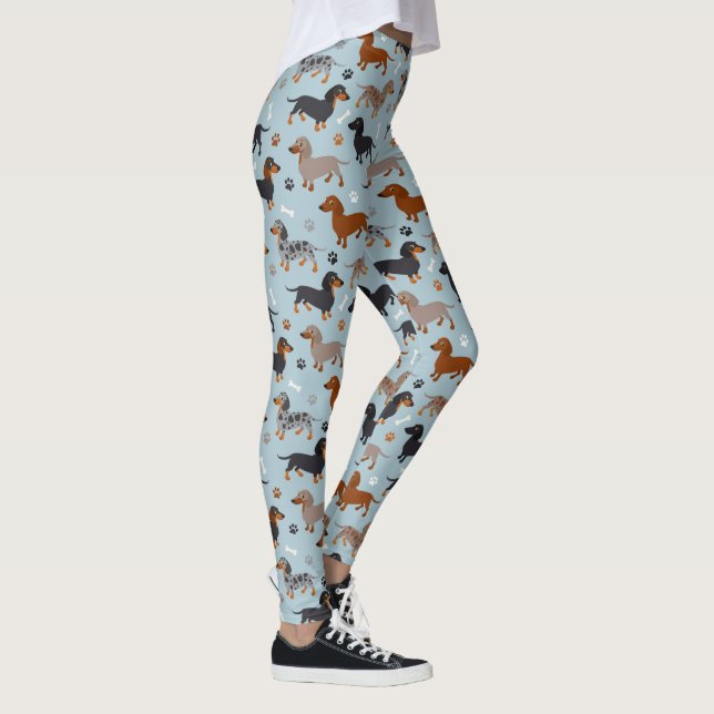 Dachshund Paws and Bones Pattern Blue Leggings (Right)