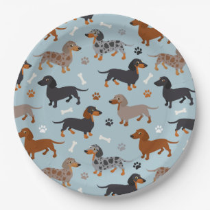 Dachshund Paws and Bones Pattern Blue Paper Plate