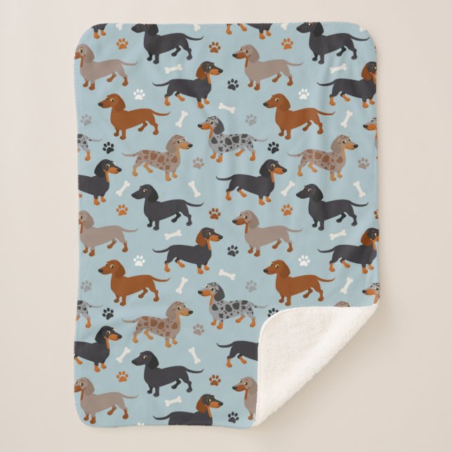 Dachshund Paws and Bones Pattern Blue Sherpa Blanket (Front)