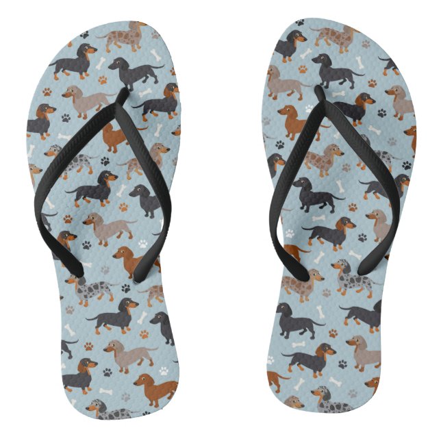 Dachshund Paws and Bones Pattern Blue Thongs (Footbed)