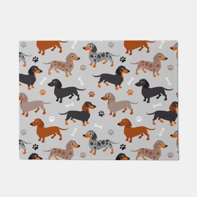 Dachshund Paws and Bones Pattern Gray Doormat (Front)