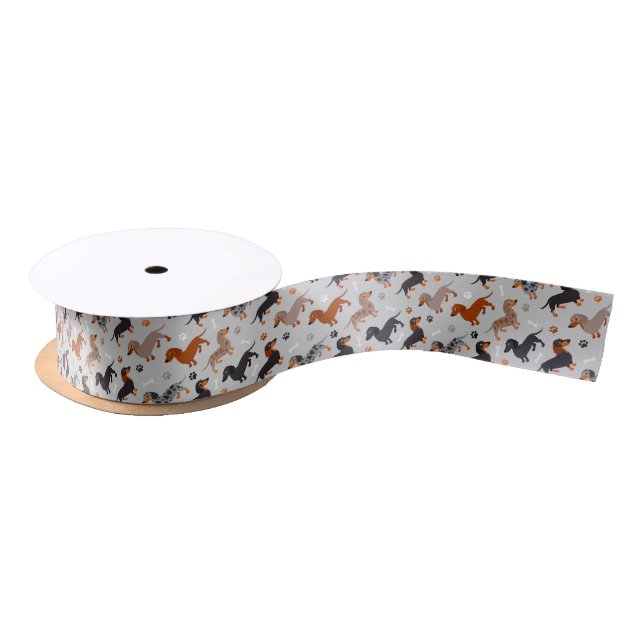 Dachshund Paws and Bones Pattern Gray Satin Ribbon (Spool)