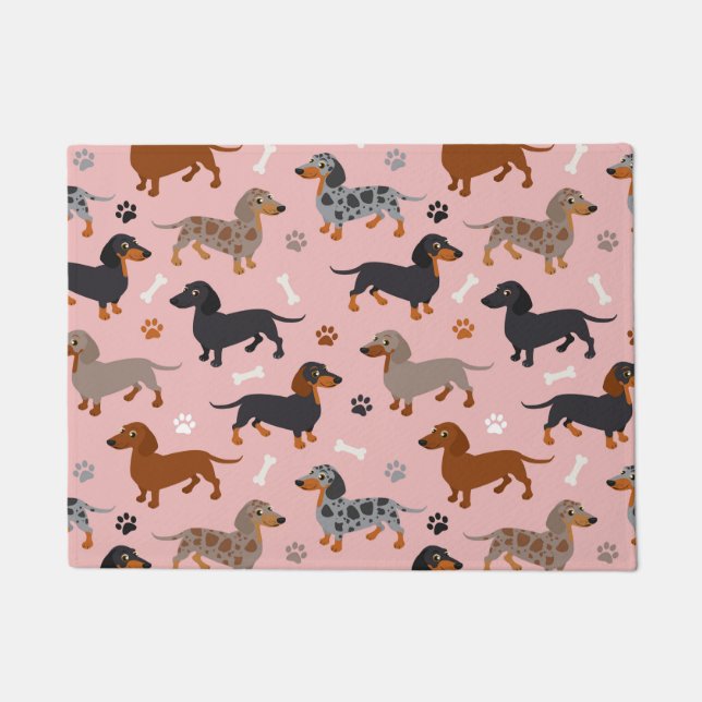 Dachshund Paws and Bones Pattern Pink Doormat (Front)