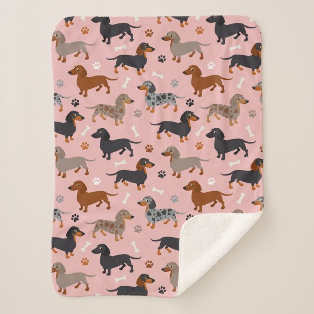 Dachshund Paws and Bones Pattern Pink Sherpa Blanket (Front)