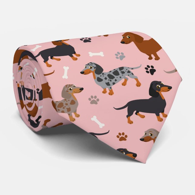 Dachshund Paws and Bones Pattern Pink Tie (Rolled)