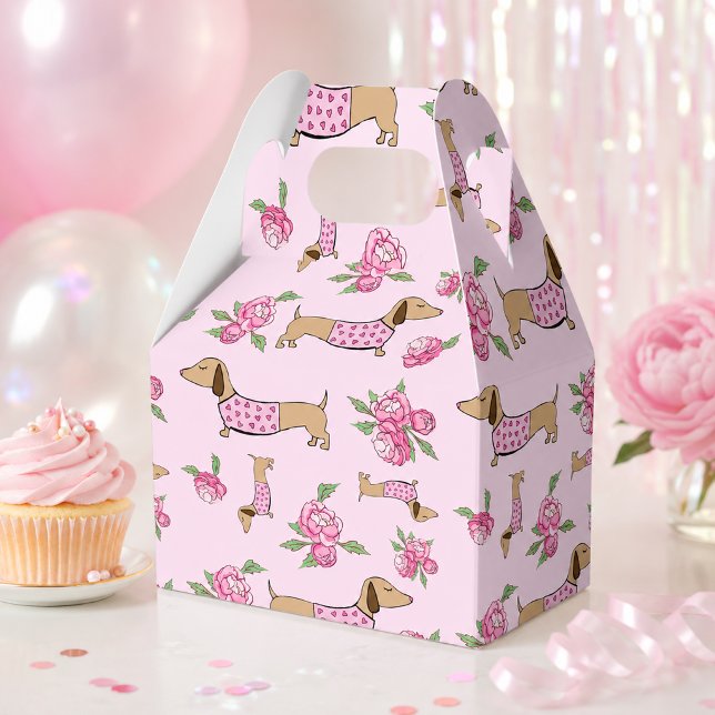 Dachshund & Peonies Floral Pink Wedding  Favour Box (Dachshund & Peonies Floral Pink favor box - perfect for wiener dog weddings or doxie baby showers)