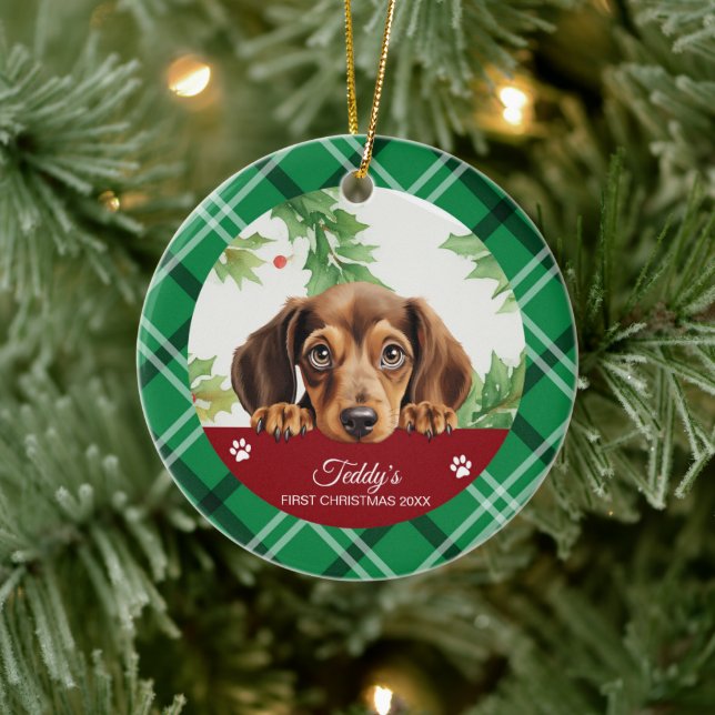 Dachshund Personalised First Christmas Ceramic Ornament (Tree)
